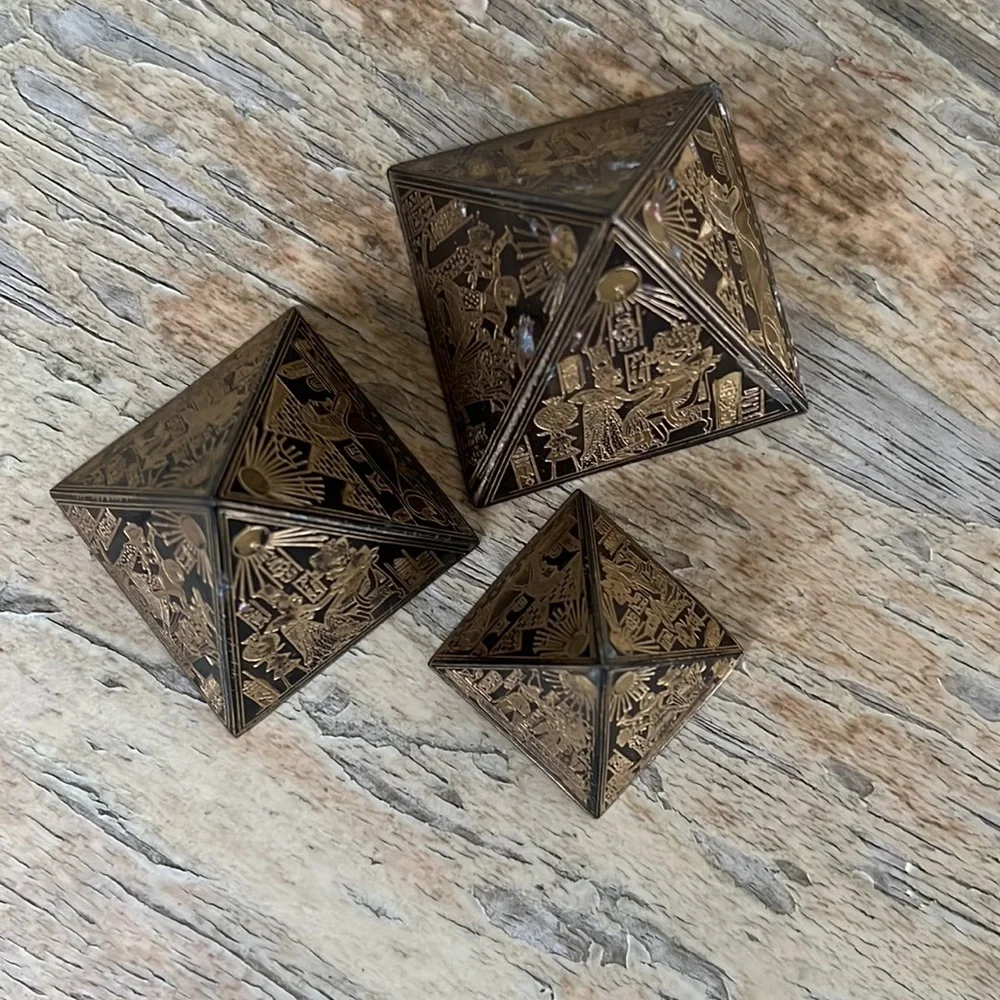 COPY - Vintage 3 Small Egyptian Etched Brass Pyramids_3